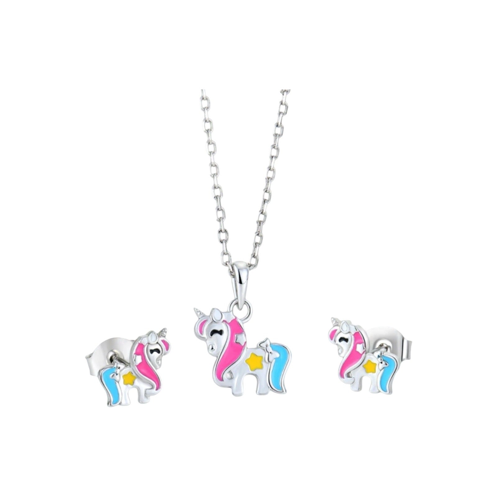 Silver set: children's earrings unicorn popular with chain – Hippe