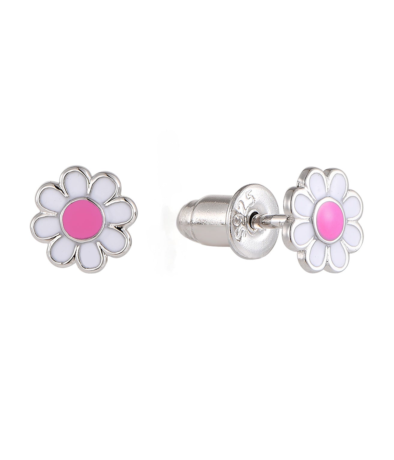 Silberne Kinder-Ohrringe: Blume rosa mit Schraubverschluss