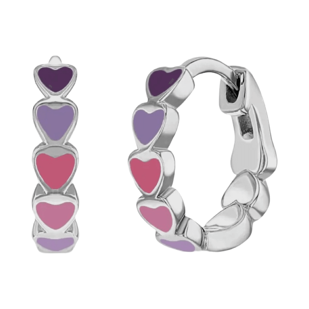 Pendientes infantiles de plata: Creoles con corazones rosa/morado