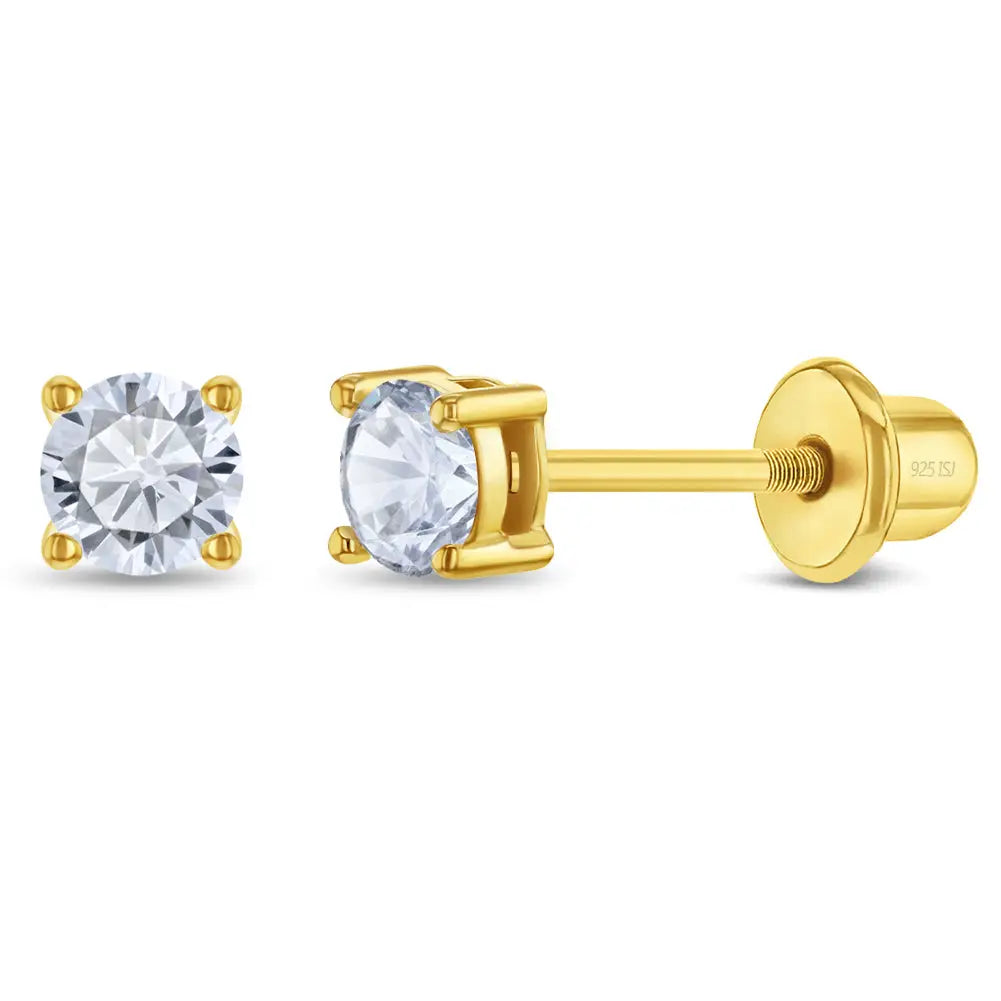 Pendientes de plata para niña: cristal de 3 mm con cierre de rosca (dorado)