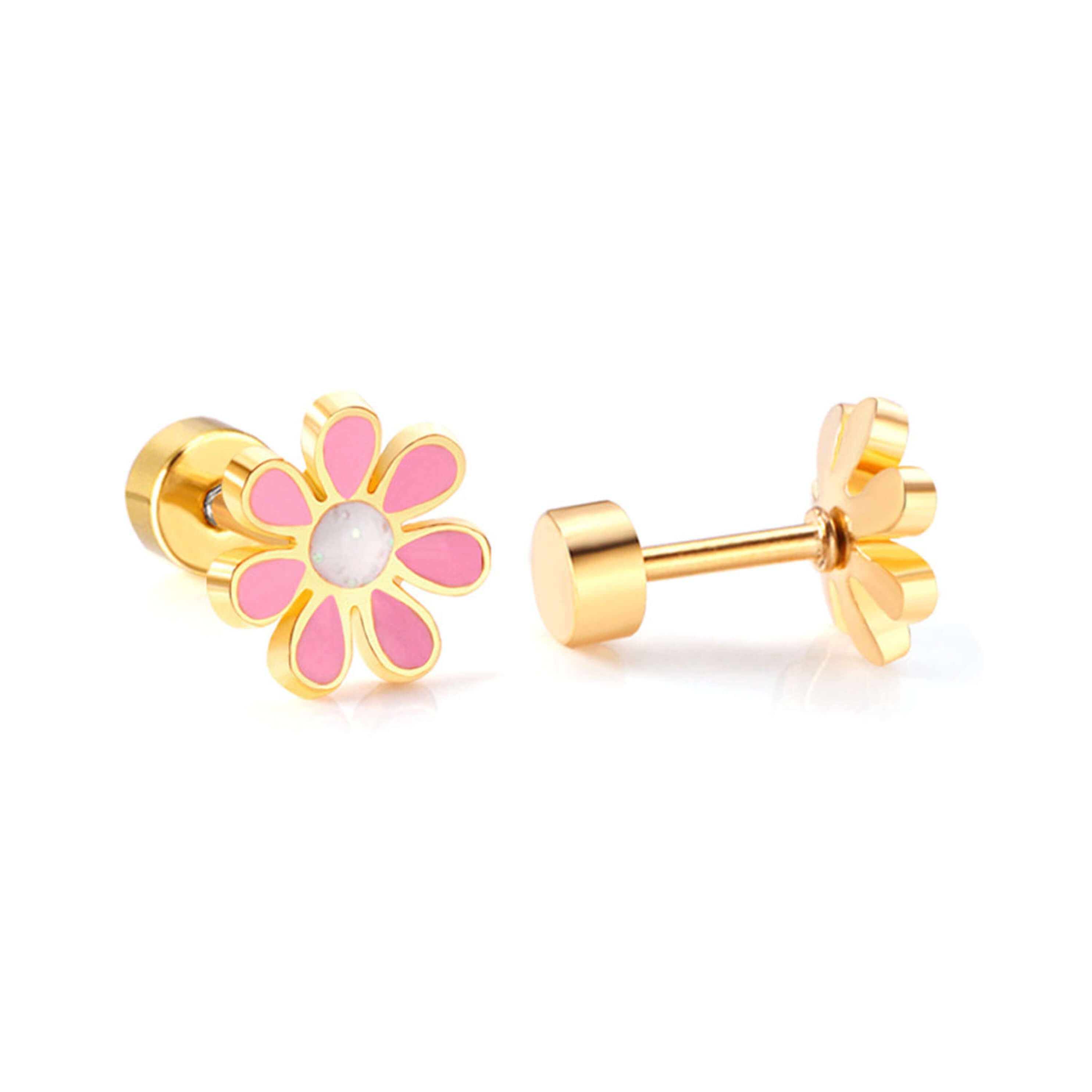 Chirurgenstahl-Ohrringe für Kinder: Rosa (Gold) Blume mit Schraubverschluss 1mm