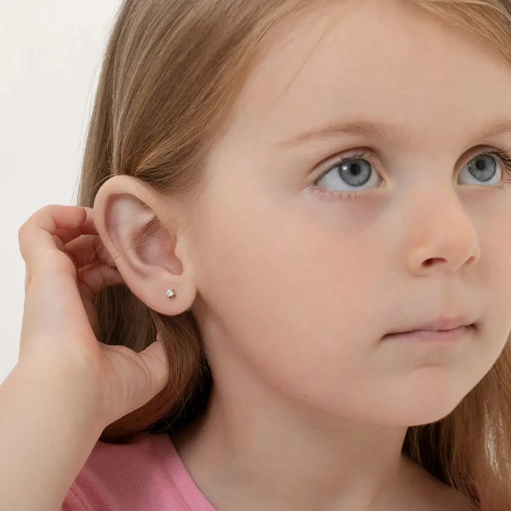 Pendientes de plata para niña: cristal de 3 mm con cierre de rosca (dorado)