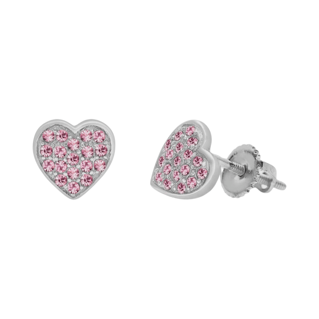 Zilveren kinderoorbellen: Roze glitter hartjes met schroefsluiting