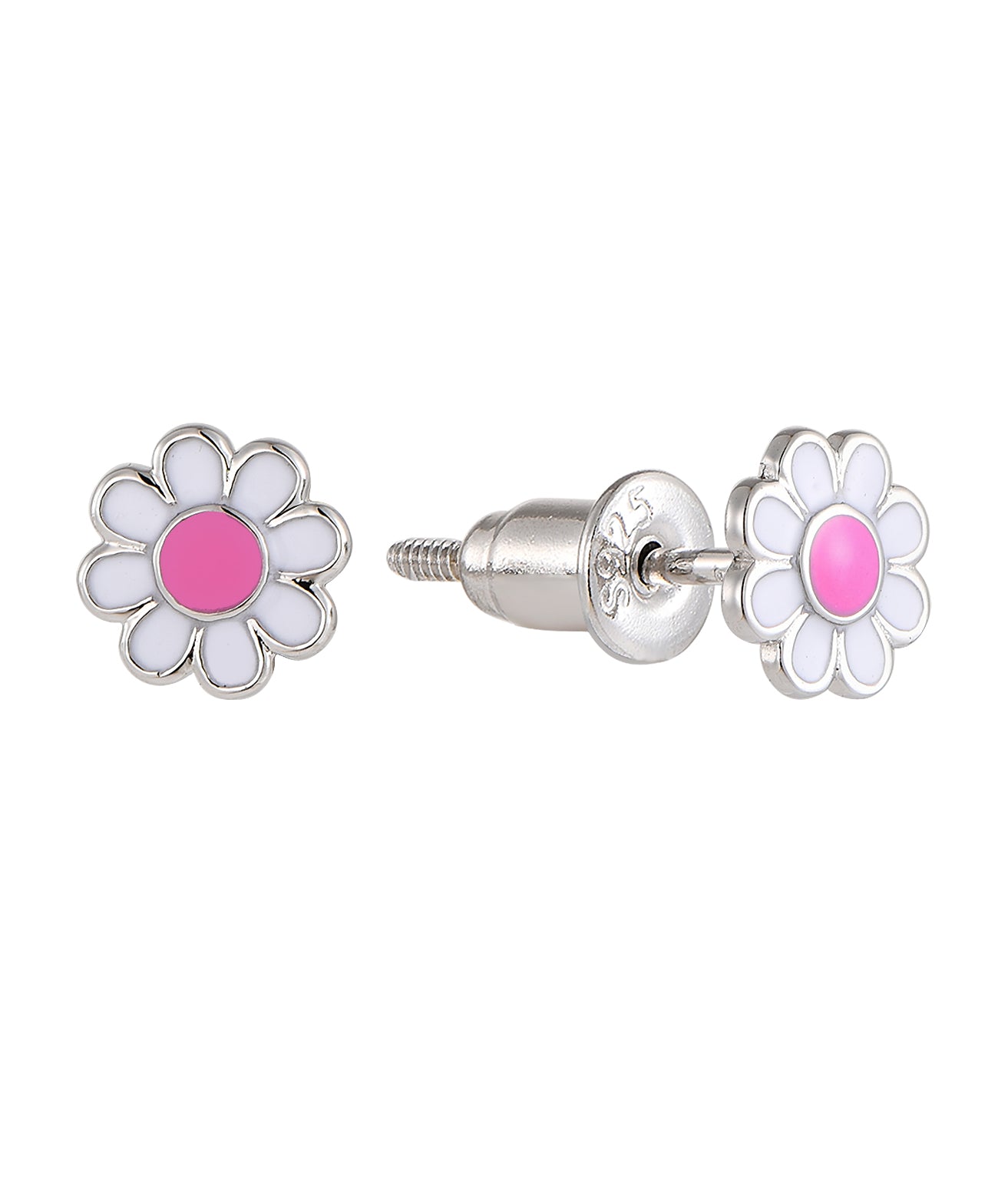 Silberne Kinder-Ohrringe: Blume rosa mit Schraubverschluss