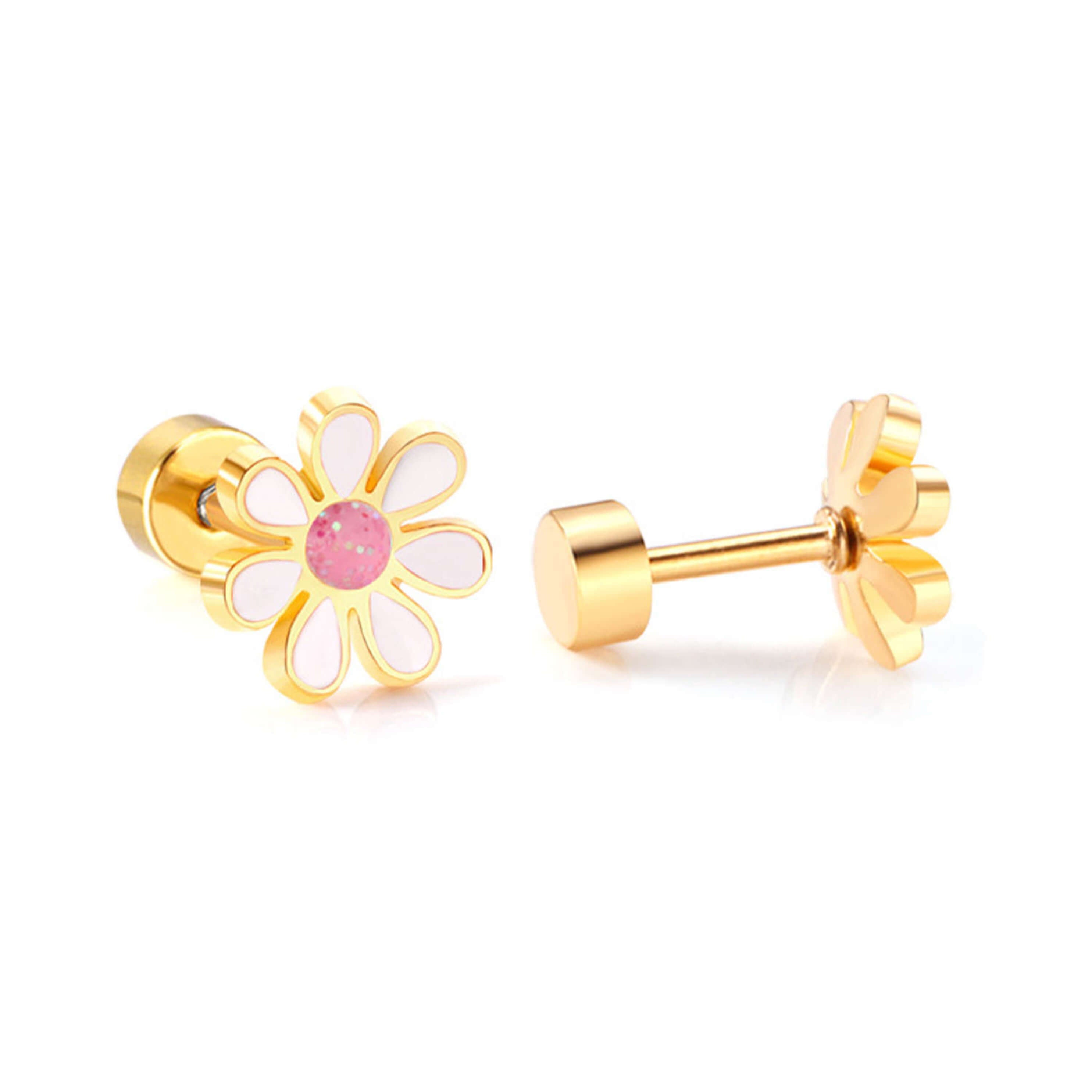 Chirurgenstahl-Ohrringe für Kinder: Weiß (Gold) Blume mit Schraubverschluss 1mm
