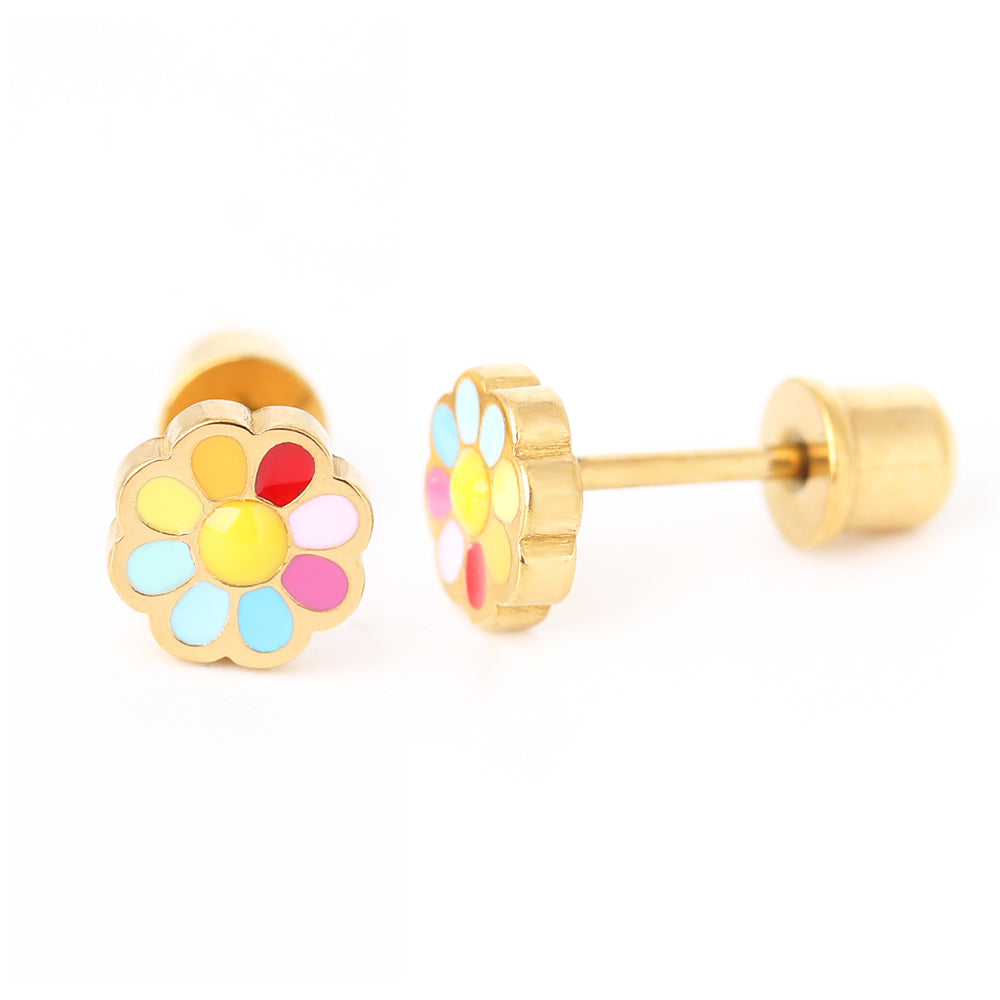 Hypoallergeen kinderoorbellen: Madelief gekleurd met schroefsluiting (goud)