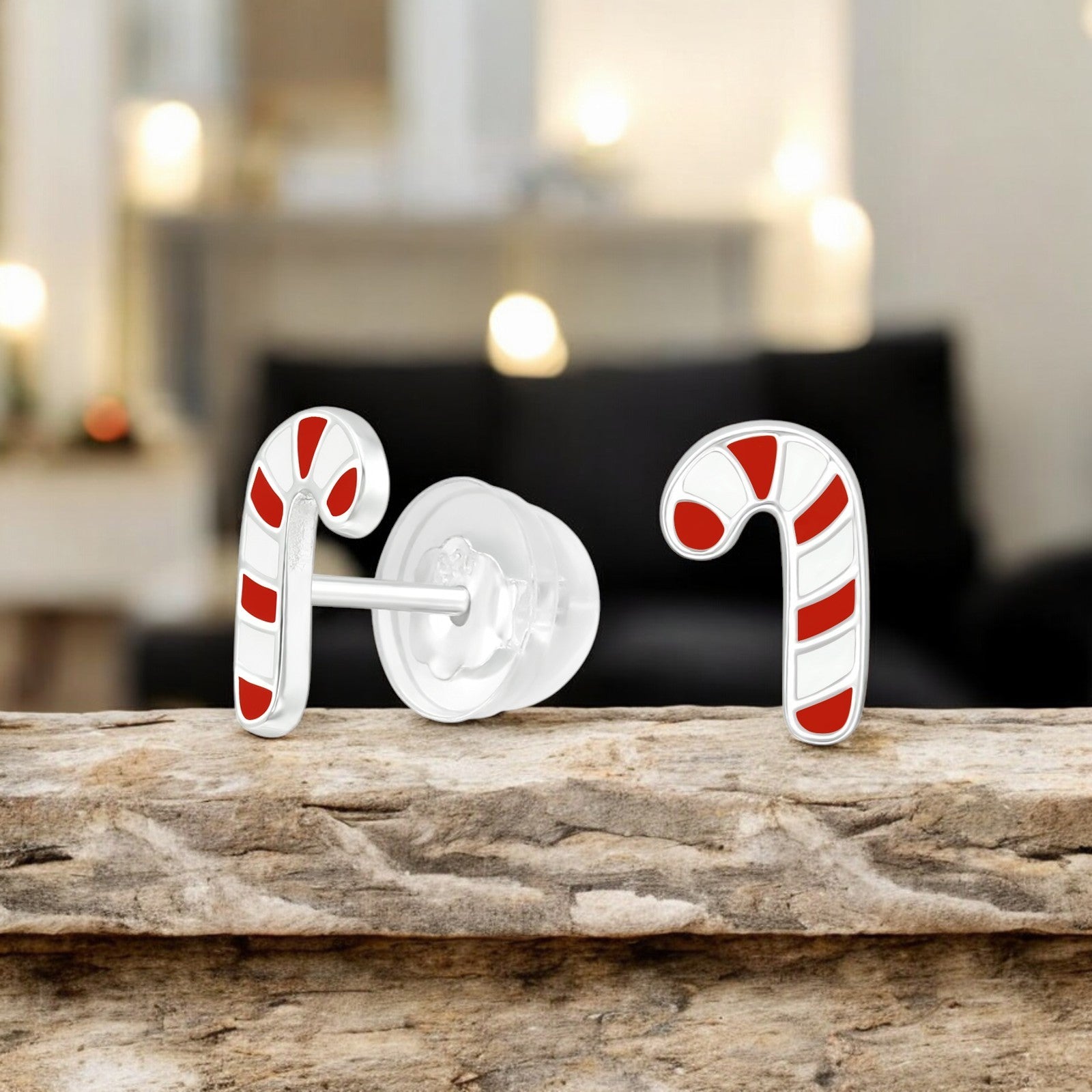 Zilveren kinderoorbellen: Candy cane (premium)