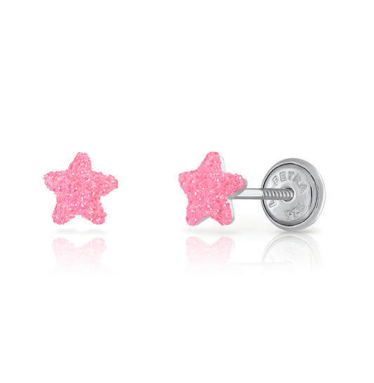 Zilveren kinderoorbellen: Licht roze ster met schroefsluiting (Lapetra)