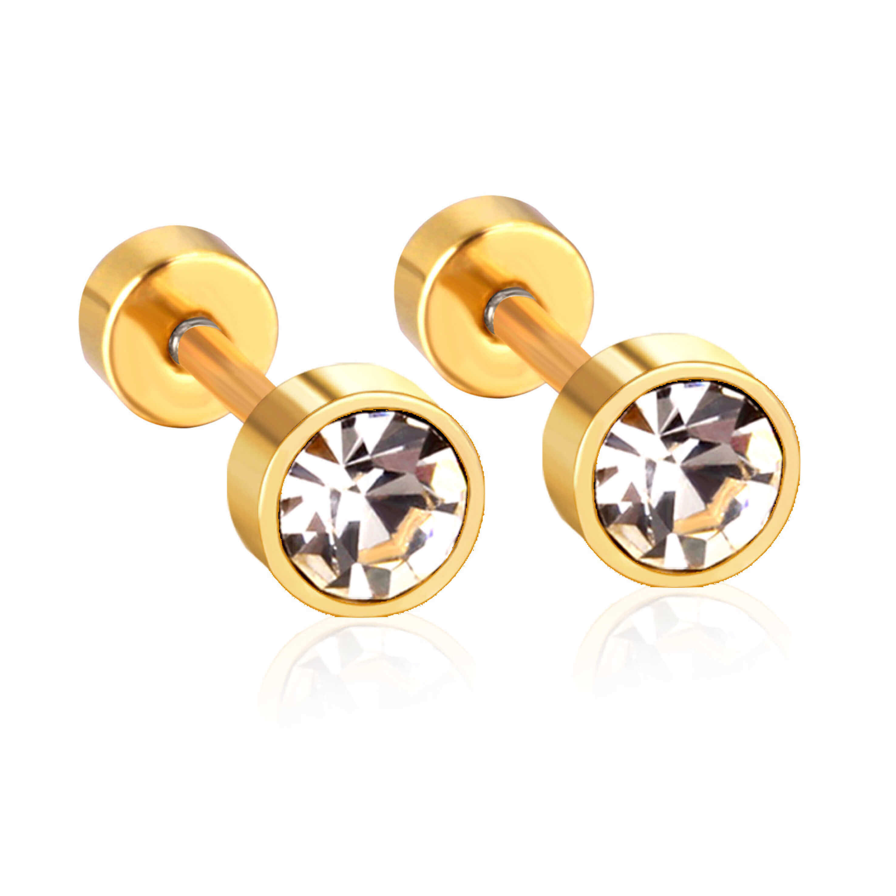 Chirurgisch staal kinderoorbellen: Kristal met schroefsluiting 5mm goud 1mm