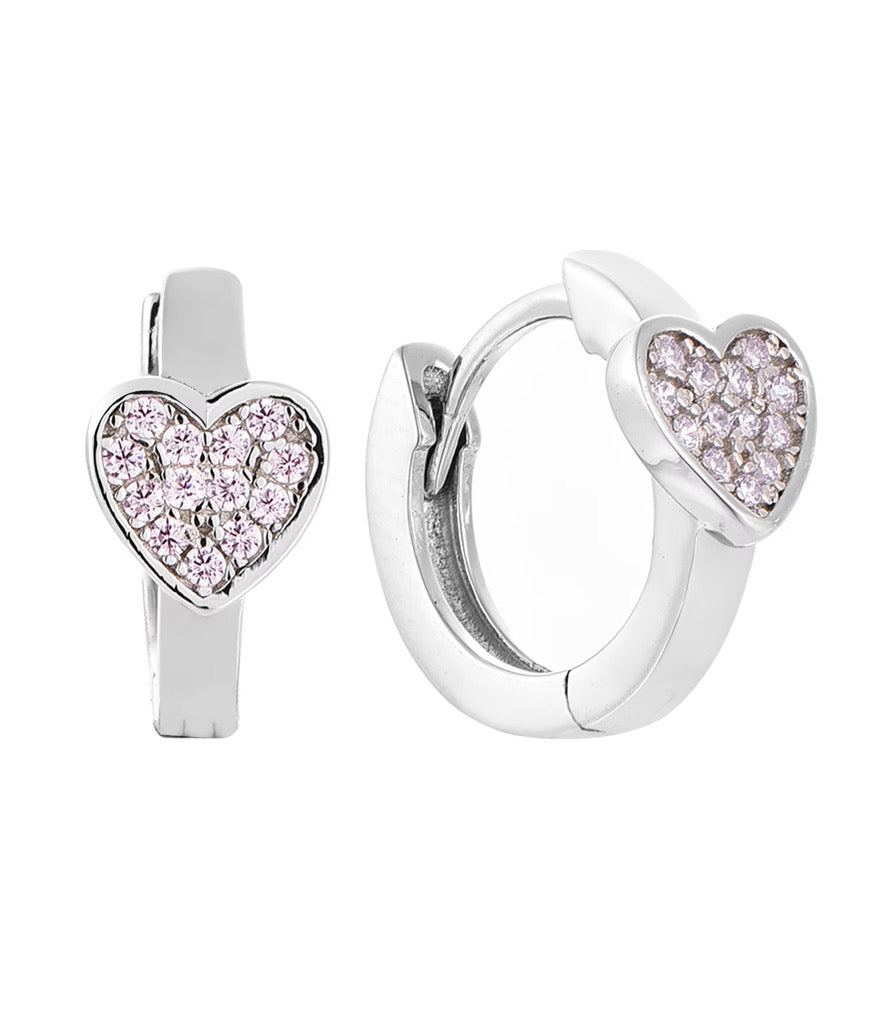 Pendientes infantiles de plata: Criollas con corazón de cristal rosa claro