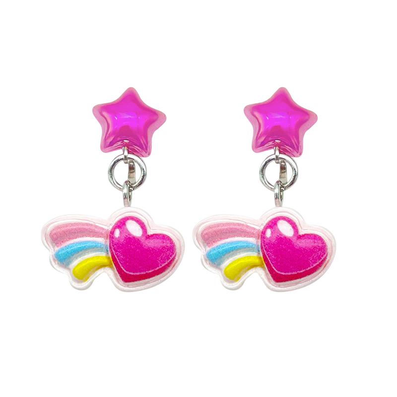 Clip earrings: Rainbow hearts hanging