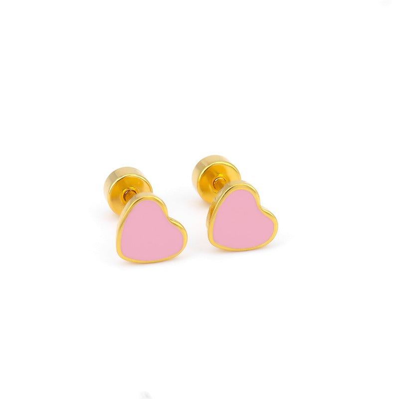 Ohrringe für Kinder aus Chirurgenstahl: Rosa Herz mit Schraubverschluss 1mm