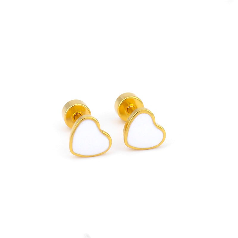 Pendientes infantiles de acero quirúrgico: Corazón blanco con cierre de rosca 1mm
