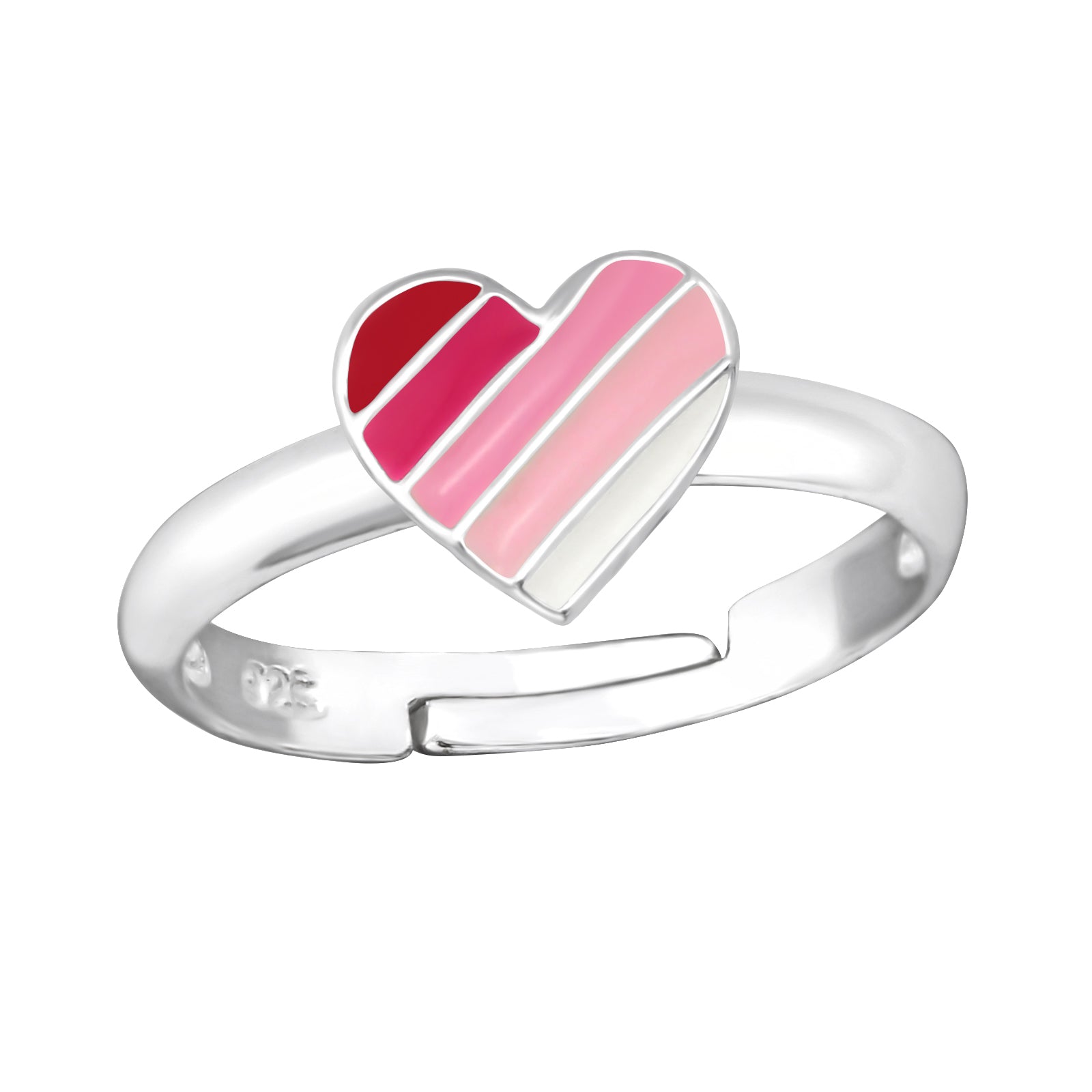 Bague réglable en argent pour enfants : Coeur rose/blanc