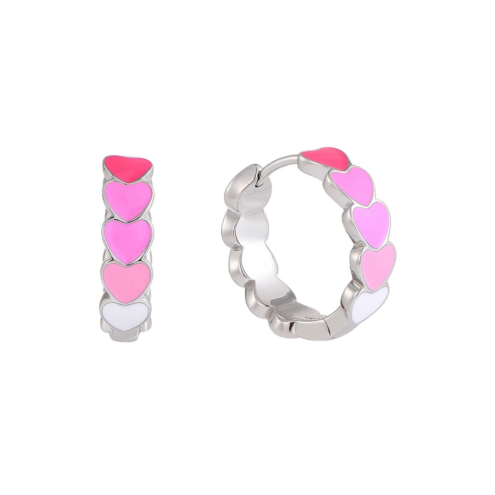 Pendientes infantiles de plata: Creoles con corazones rosa (grande)