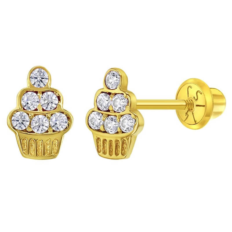 Gouden kinderoorbellen: Cupcakes met schroefsluiting kristal