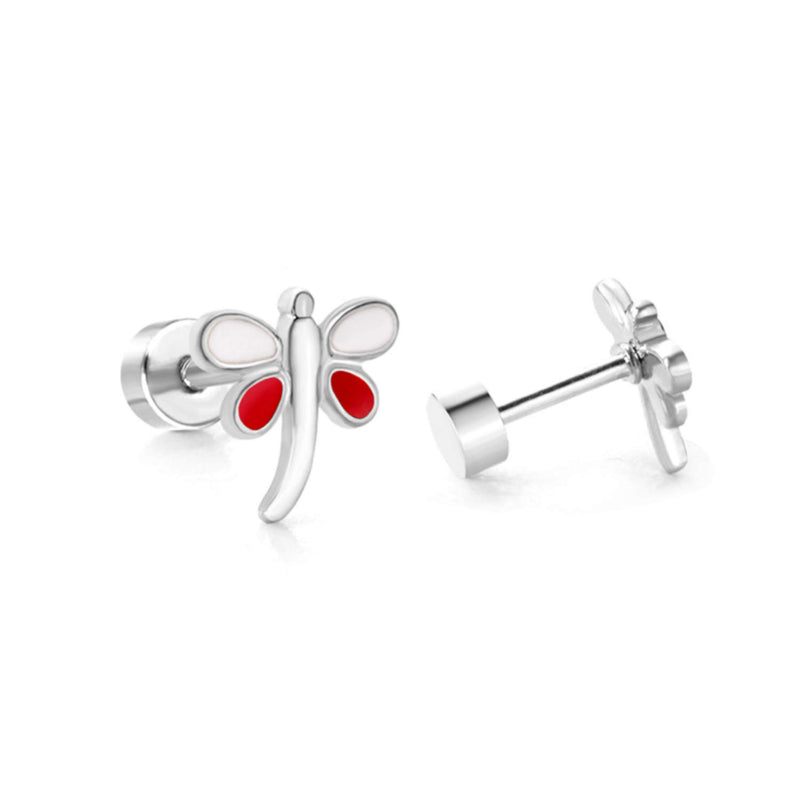 Chirurgisch staal kinderoorbellen: Libelle wit/rood met schroefsluiting