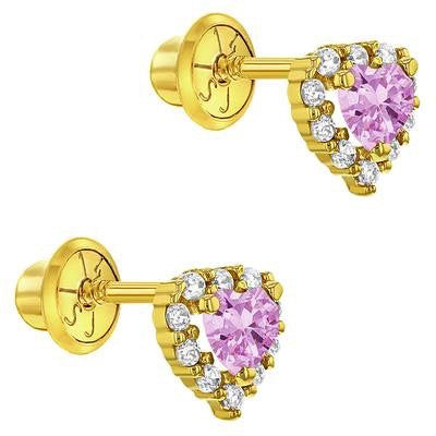 Gouden kinderoorbellen: Hartje met steentjes met schroefsluiting (licht roze)