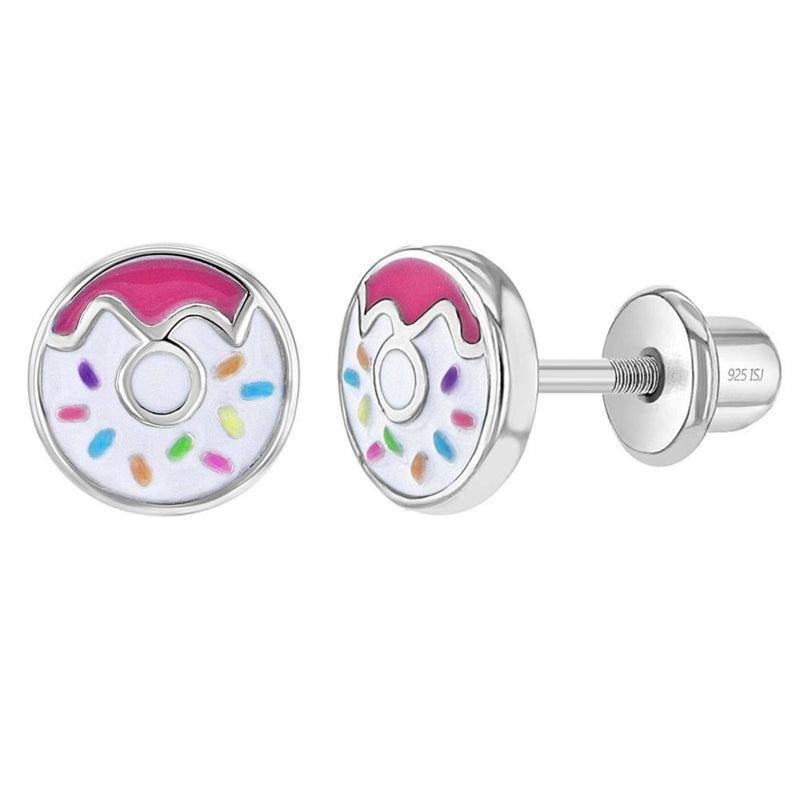 Zilveren kinderoorbellen: Donut wit/roze met schroefsluiting