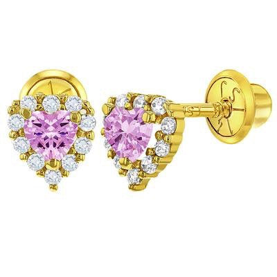 Gouden kinderoorbellen: Hartje met steentjes met schroefsluiting (licht roze)