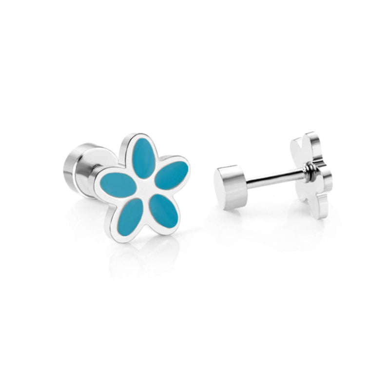 Chirurgisch staal kinderoorbellen: Blauw/wit bloemetje met schroefsluiting