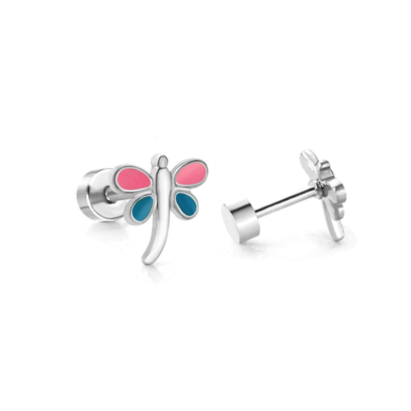 Chirurgisch staal kinderoorbellen: Libelle roze/blauw met schroefsluiting