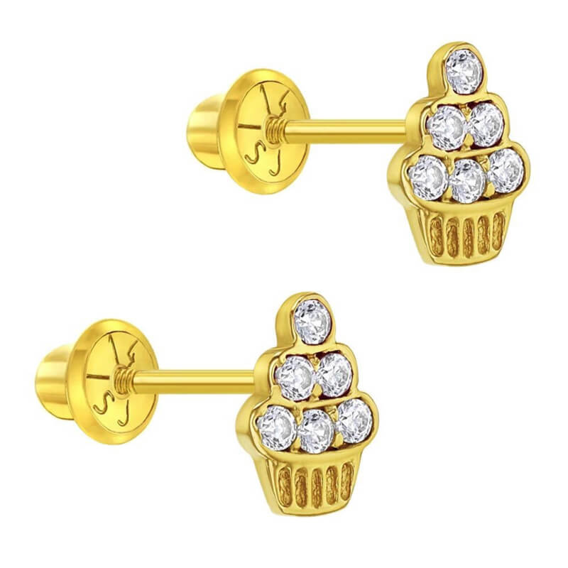 Gouden kinderoorbellen: Cupcakes met schroefsluiting kristal
