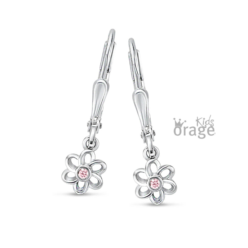 Zilveren kinderoorbellen: Bloemetje roze kristal (ORAGE brisure sluiting)