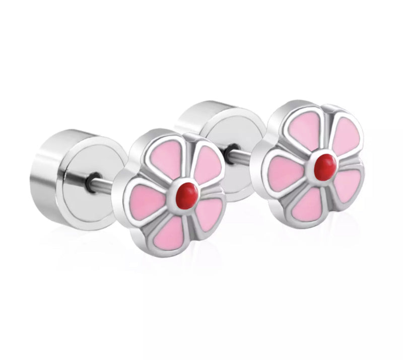 Chirurgisch staal kinderoorbellen: Bloem met druksluiting roze/rood