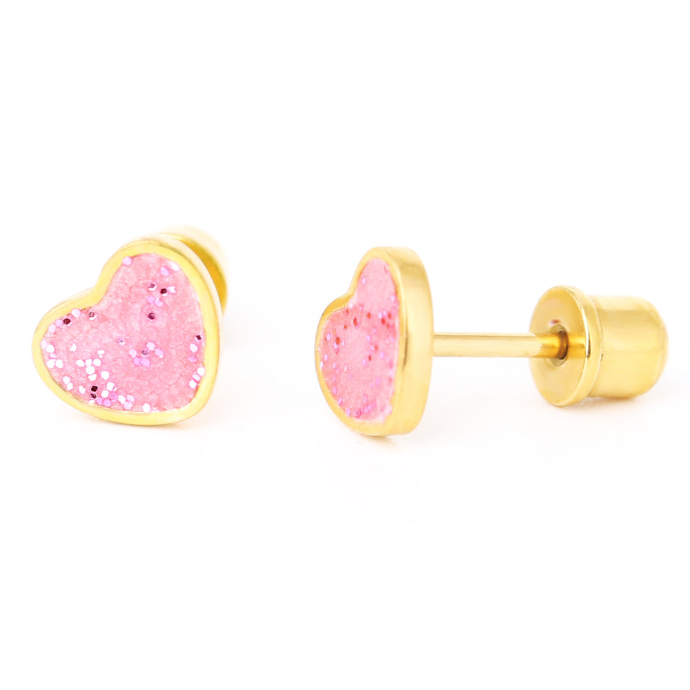 Hypoallergeen kinderoorbellen: Hartjes glitter roze met schroefsluiting (goud)