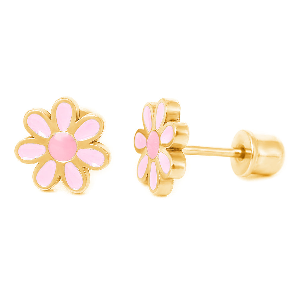Hypoallergeen kinderoorbellen: Bloem roze met schroefsluiting (goud)