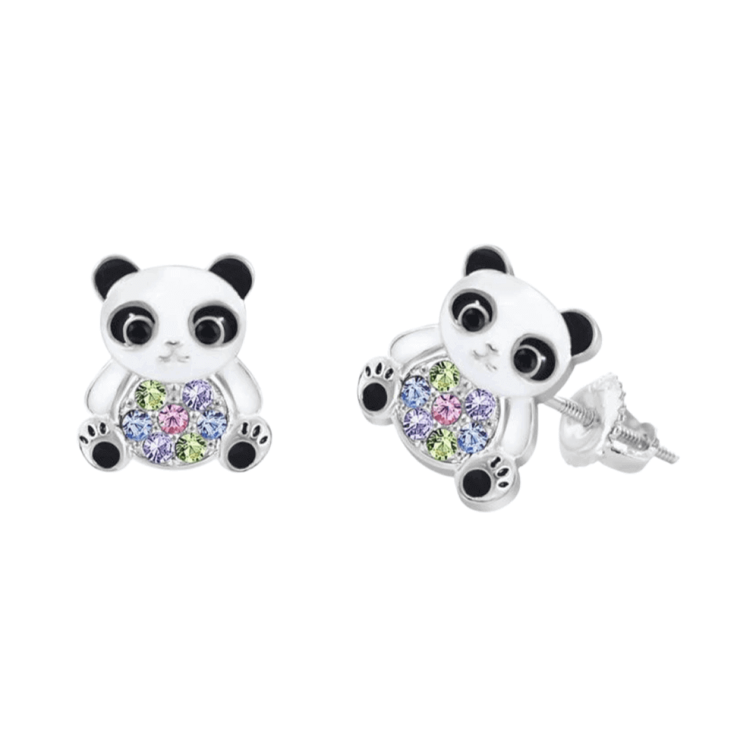 Zilveren kinderoorbellen: Panda met schroefsluiting