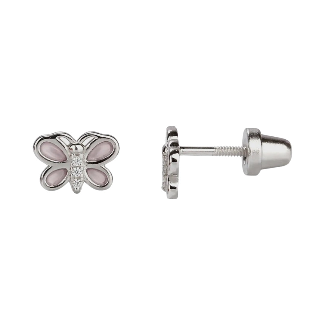Silberne Kinder-Ohrringe: Rosa Schmetterlinge mit Schraubverschluss