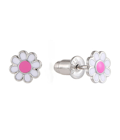 Silberne Kinder-Ohrringe: Blume rosa mit Schraubverschluss