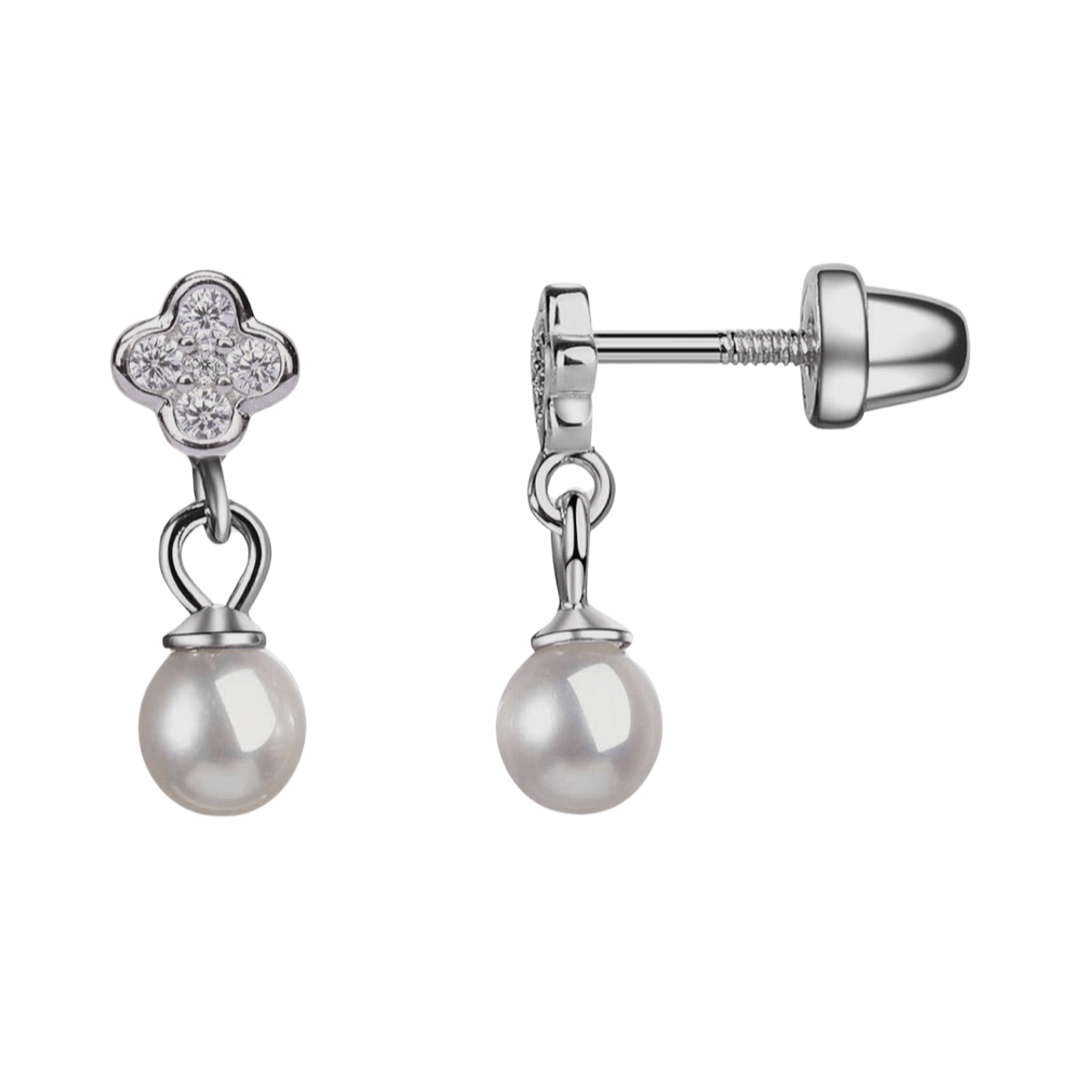 Silberne Kinder-Ohrringe: Blume mit Perlen mit Schraubverschluss