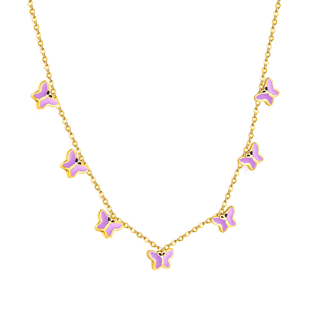 Collier pour enfants en acier chirurgical : Papillons mauves (or)