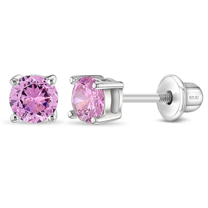Silberne Kinderohrringe: Klare Kristalle, 4 mm, mit Schraubverschluss, rosa