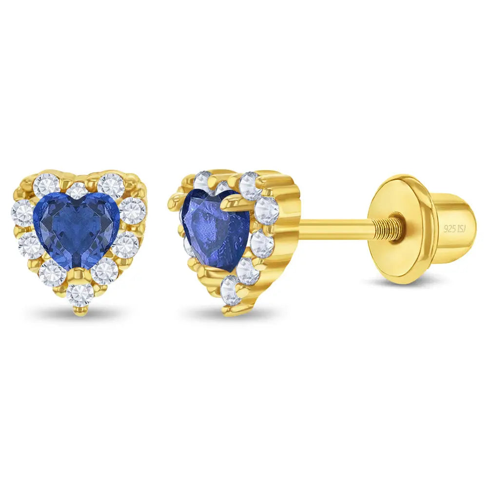 Zilveren kinderoorbellen: Blauwe kristal hartjes met schroefsluiting (goud)