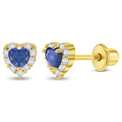 Zilveren kinderoorbellen: Blauwe kristal hartjes met schroefsluiting (goud)