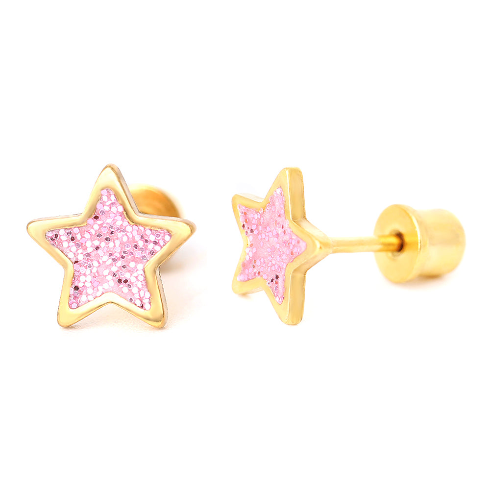 Hypoallergeen kinderoorbellen: Sterretjes glitter roze met schroefsluiting (goud)
