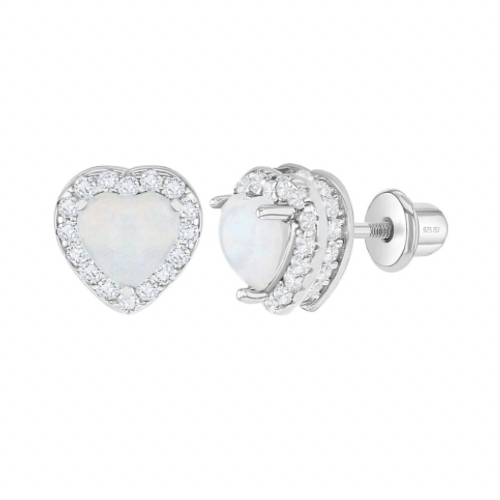 Silberne Kinder-Ohrringe: Weißes Herz mit Opal und mit Schraubverschluss