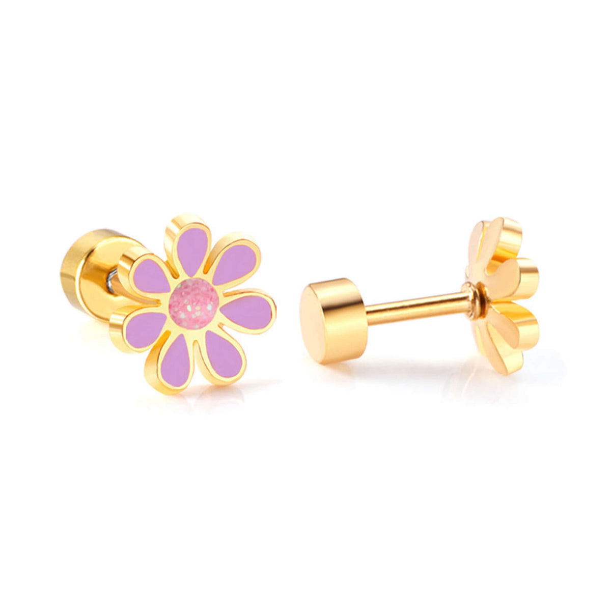 Chirurgenstahl-Ohrringe für Kinder: Lila (Gold) Blume mit Schraubverschluss