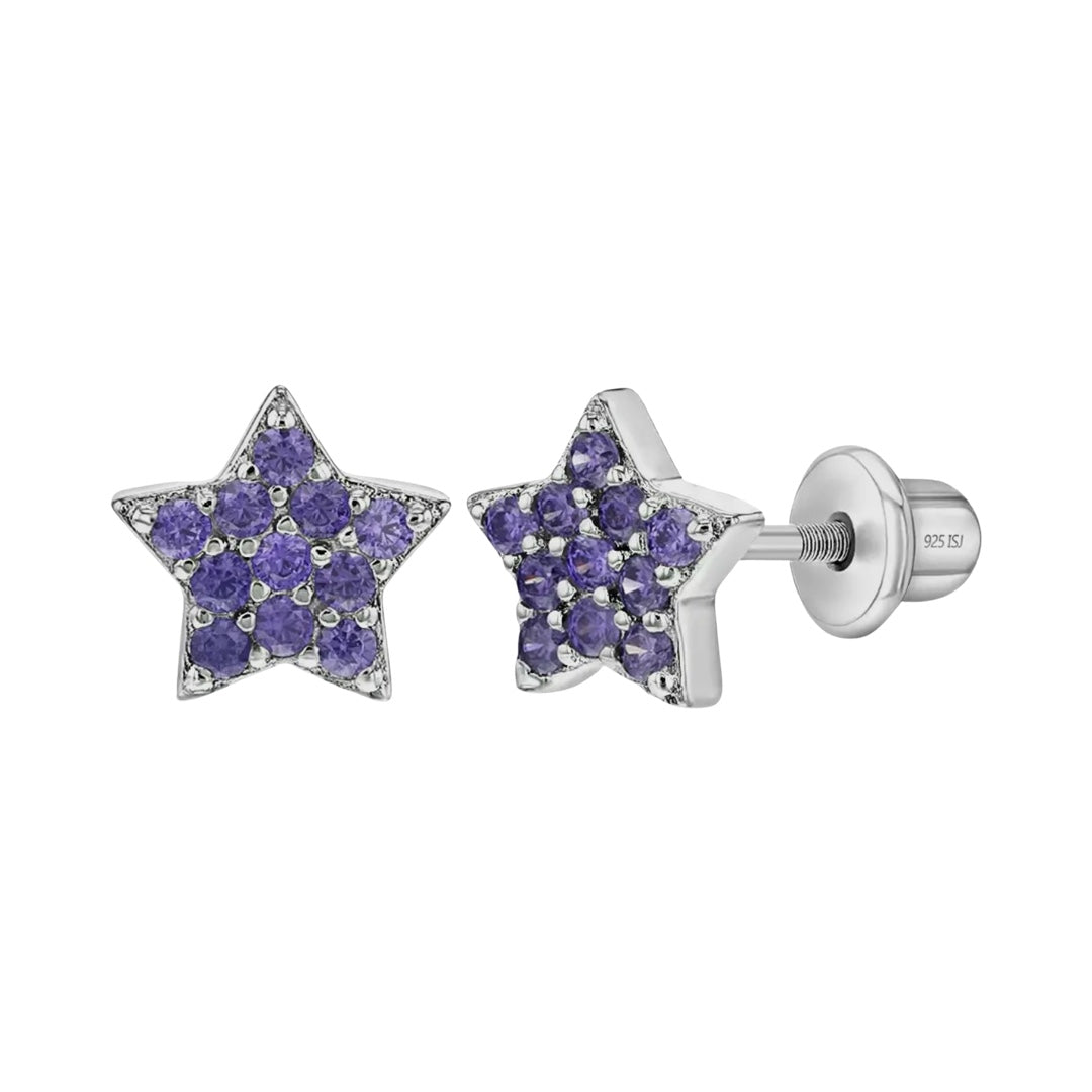 Silberne Kinder-Ohrringe: Stern mit Schraubverschluss hell lila
