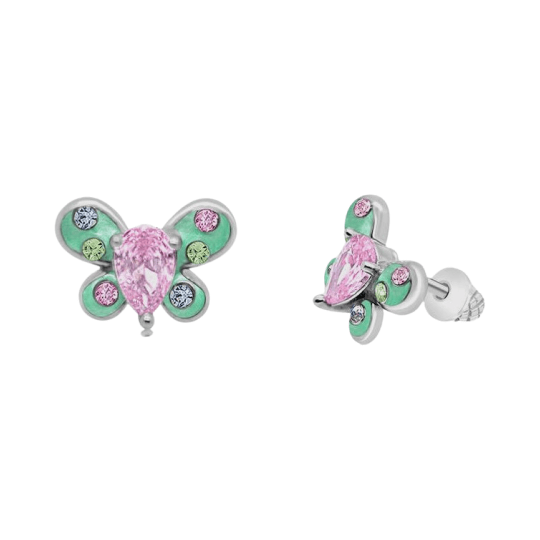Silberne Kinder-Ohrringe: Grüner/rosa Schmetterling mit Schraubverschluss