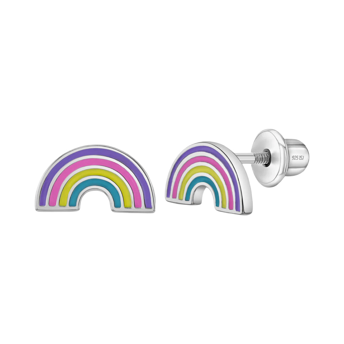 Zilveren kinderoorbellen: Regenboog oorbellen met schroefsluiting