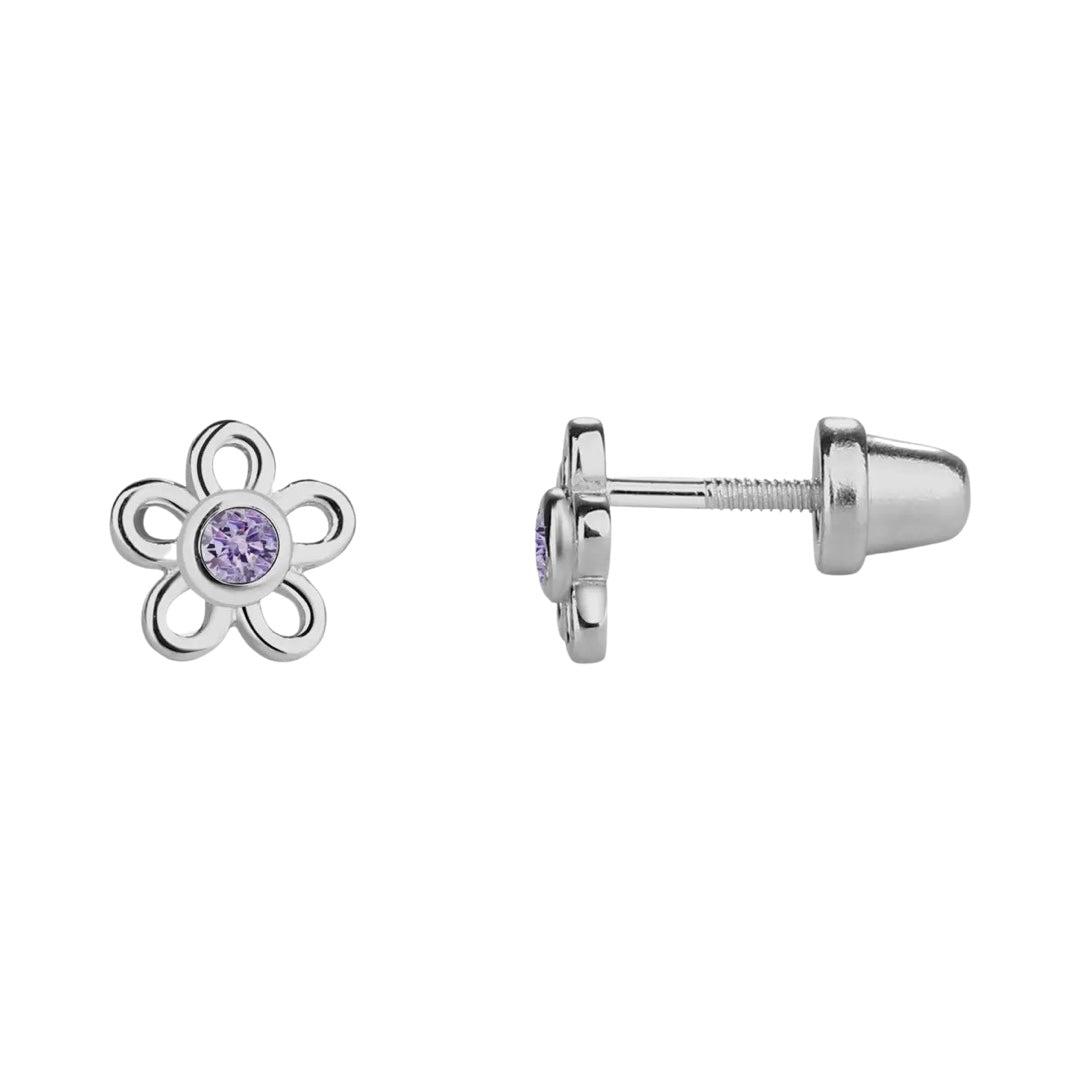 Silberne Kinder-Ohrringe: Blumen lila mit Schraubverschluss