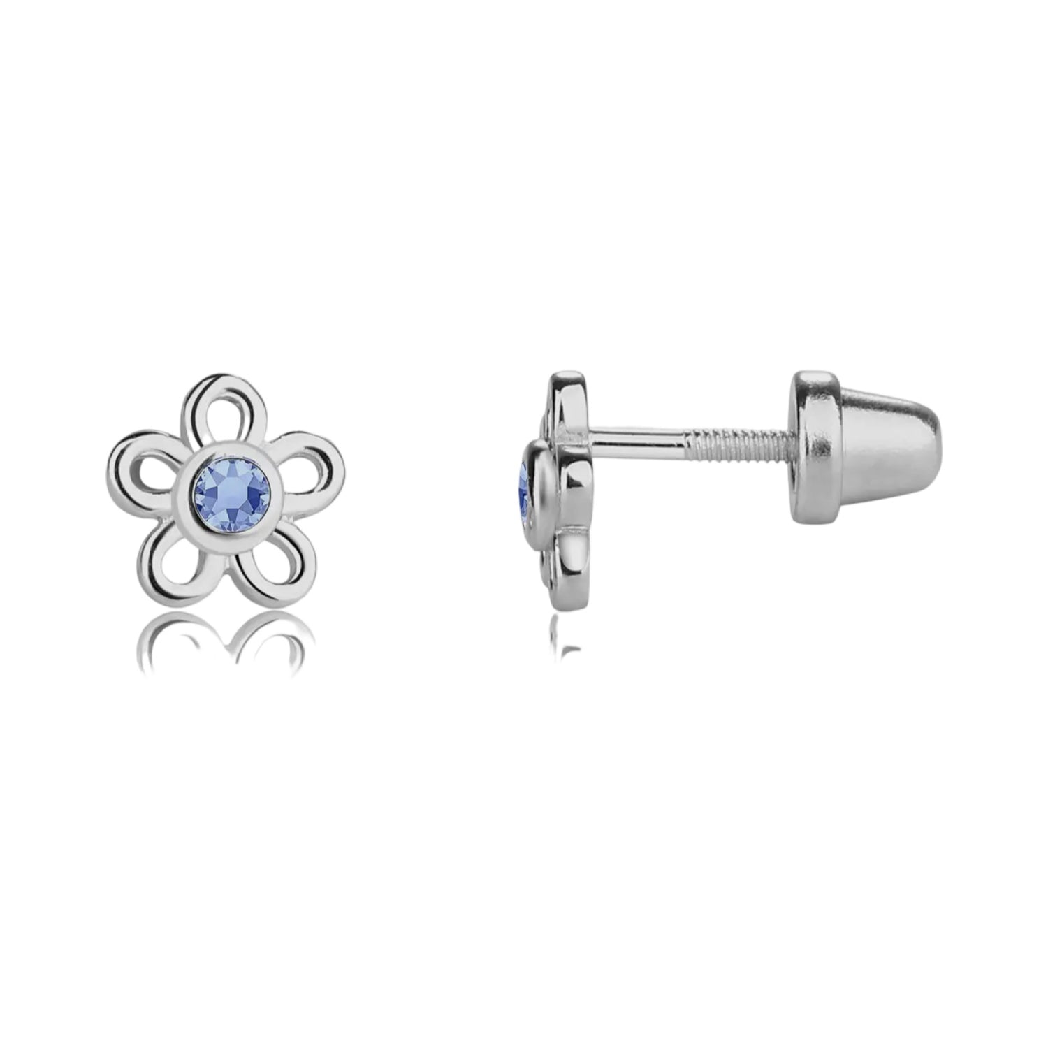 Silberne Kinder-Ohrringe: Blumen blau mit Schraubverschluss