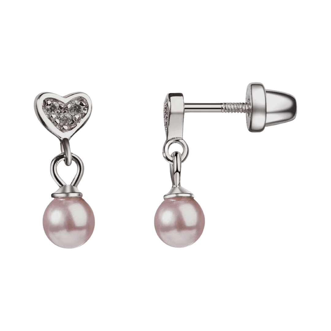 Silberne Kinder-Ohrringe: Herz mit rosa Perlen mit Schraubverschluss