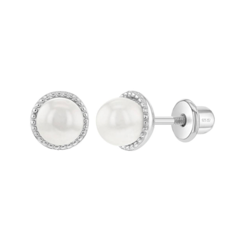 Silberne Kinder-Ohrringe: Weiße Perle mit Schraubverschluss