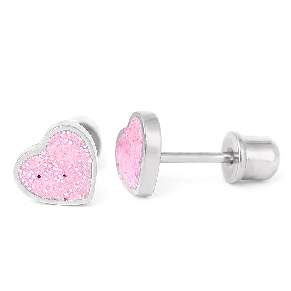 Hypoallergeen kinderoorbellen: Hartjes glitter roze met schroefsluiting